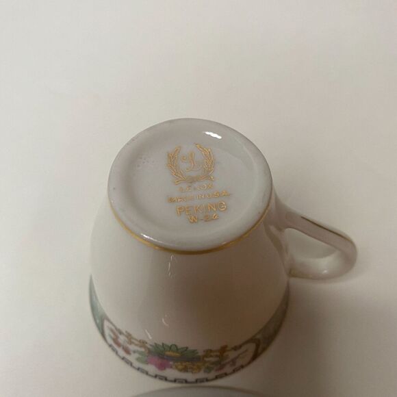 Lenox Peking DEMITASSE CUP & Saucers Set of 4 Bone China Green Floral Gold Trim - Picture 5 of 6